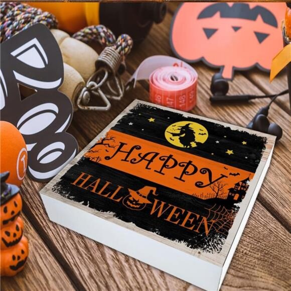 Witch Decor Halloween Wood Sign Happy Halloween Decorations Table Desk 5x5 Inch - Picture 7 of 8
